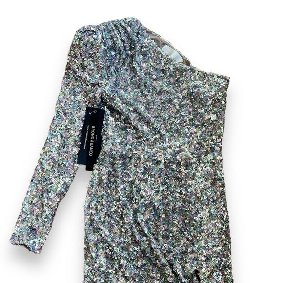 NWT Bronx and Banco Galaxy Silver Midi Dress One Shoulder Small (4 US) Women’s - Picture 3 of 11